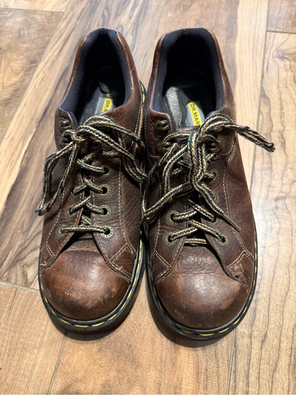 Vintage Dr. Martens Brown Leather Lace-Up Oxfords with Yellow Welt Stitching